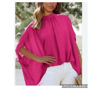 LYANER ASYMMETRICAL BATWING SELF TIE KNOT BACK PLEATED COLLAR BLOUSE